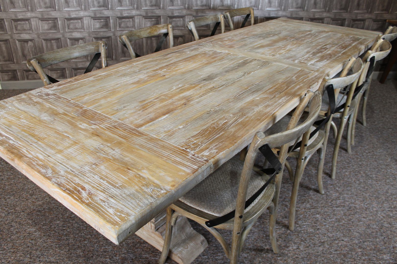 LARGE 3M DISTRESSED LIMED ELM DINING TABLE WHITE WASHED KITCHEN TABLE